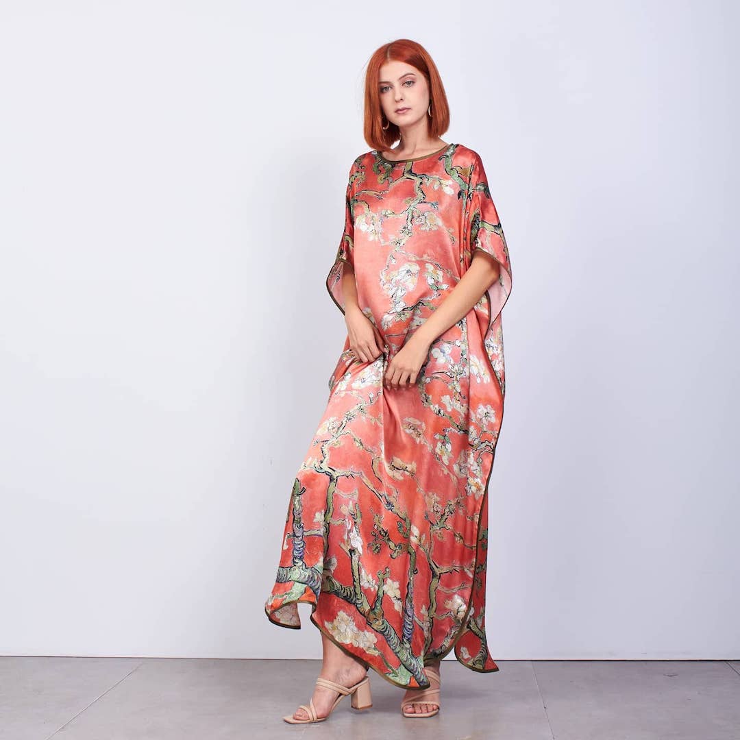 Long Mulberry Pure Silk Dress - Van Gohg Red Almond Blossom